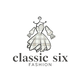 Logo of 'classic six fashion' with a dress on a hanger on a white background