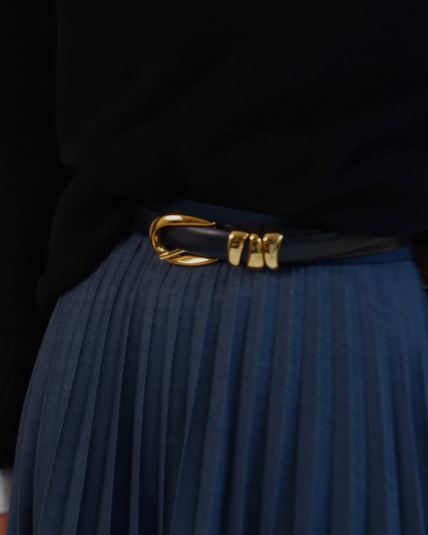 Marilyn Accordion-Pleated Midi Skirt in Denim