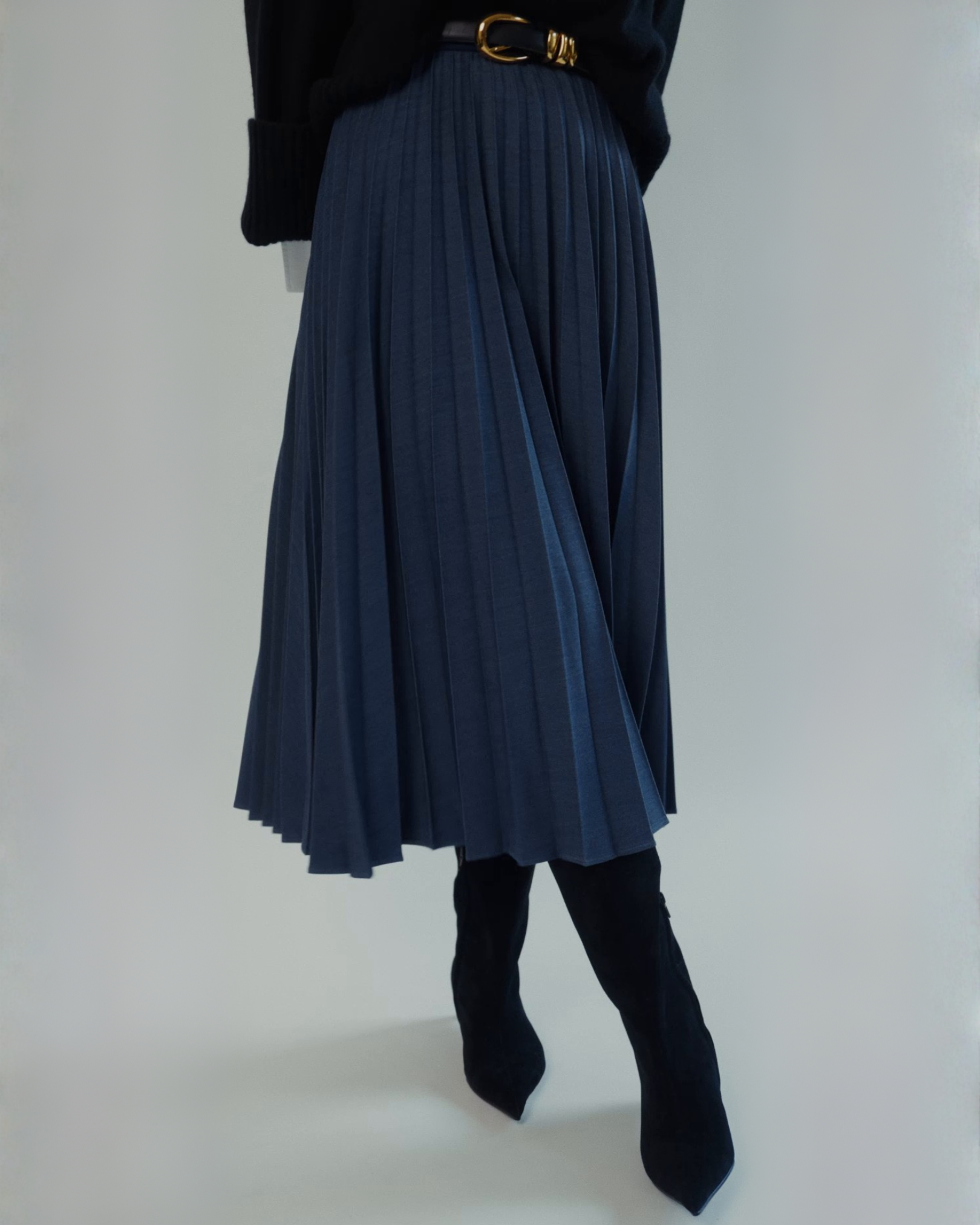 Marilyn Accordion-Pleated Midi Skirt in Denim